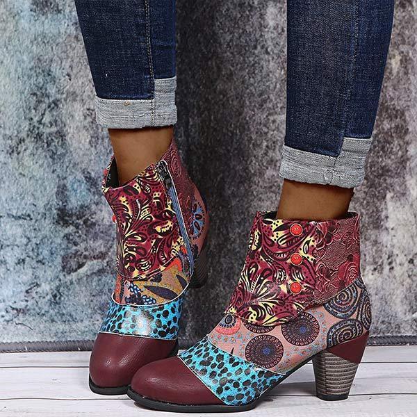 Women'S High Heel Block Heel Print Ankle Boots