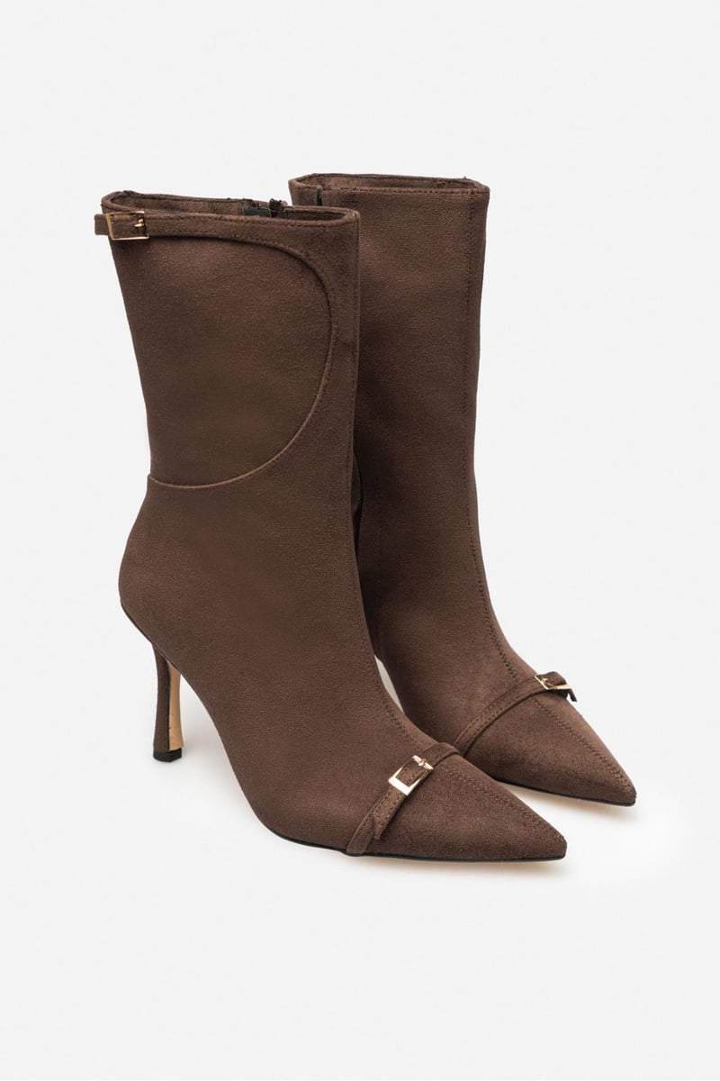 Golden Brown Suede Belt Detail Women's Heel Boots