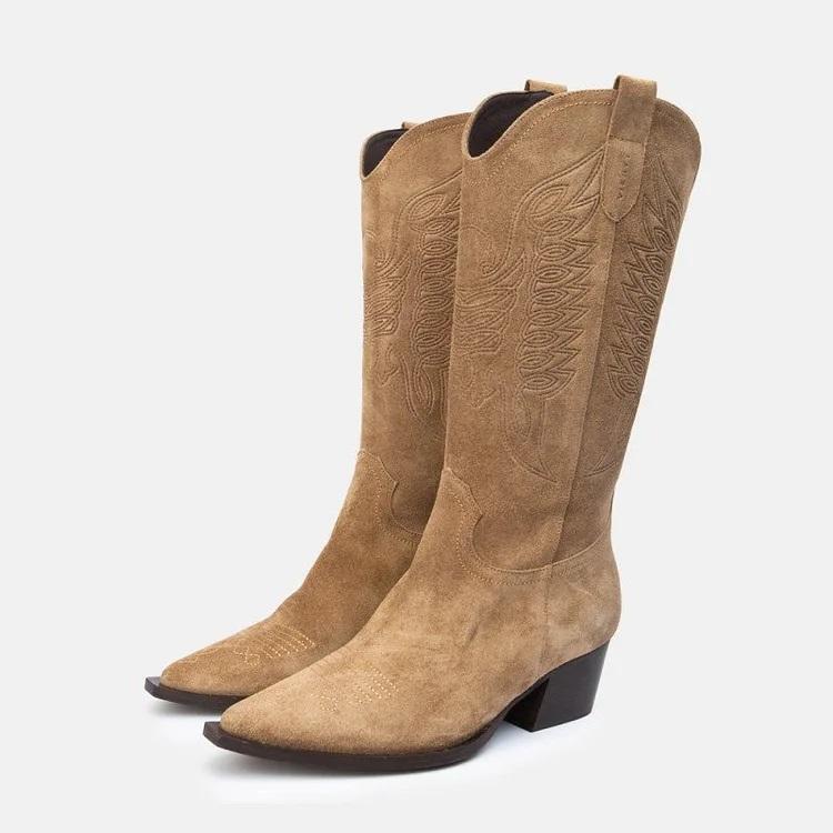 Autumn Plain Vintage Suede Western Boots