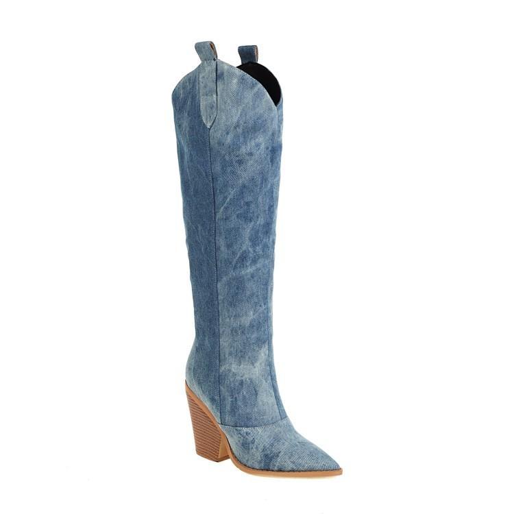 Denim Point-Toe Knee-High Boots