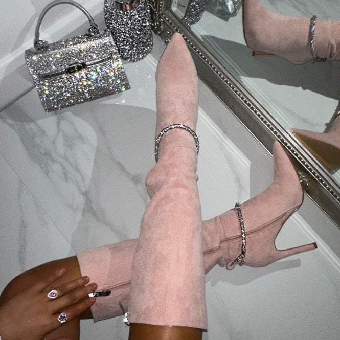 Pink Crystal Suede Knee High-Heel Boots