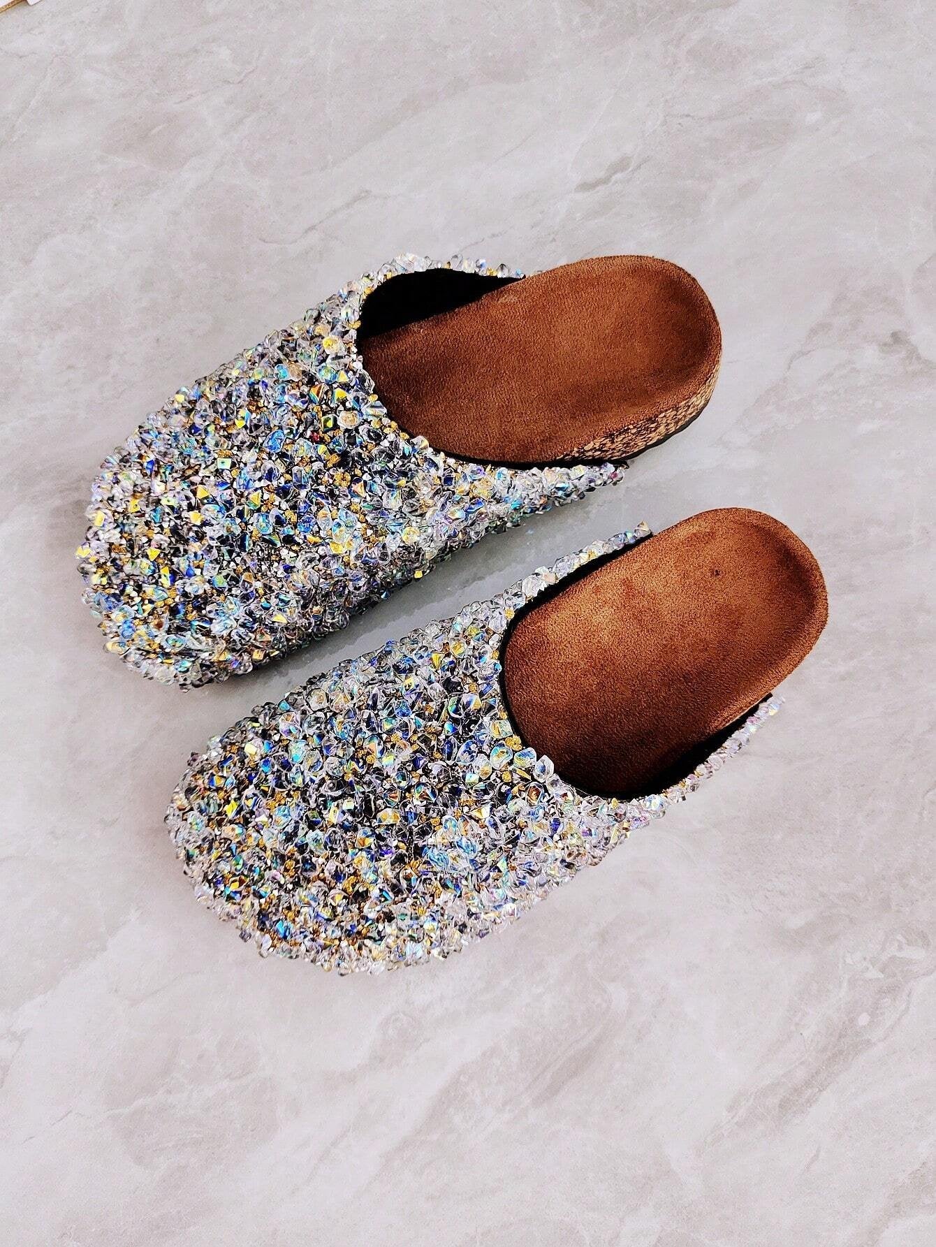 Women's Buckle Mules Slides With Rhinestone And Glitter Detailing