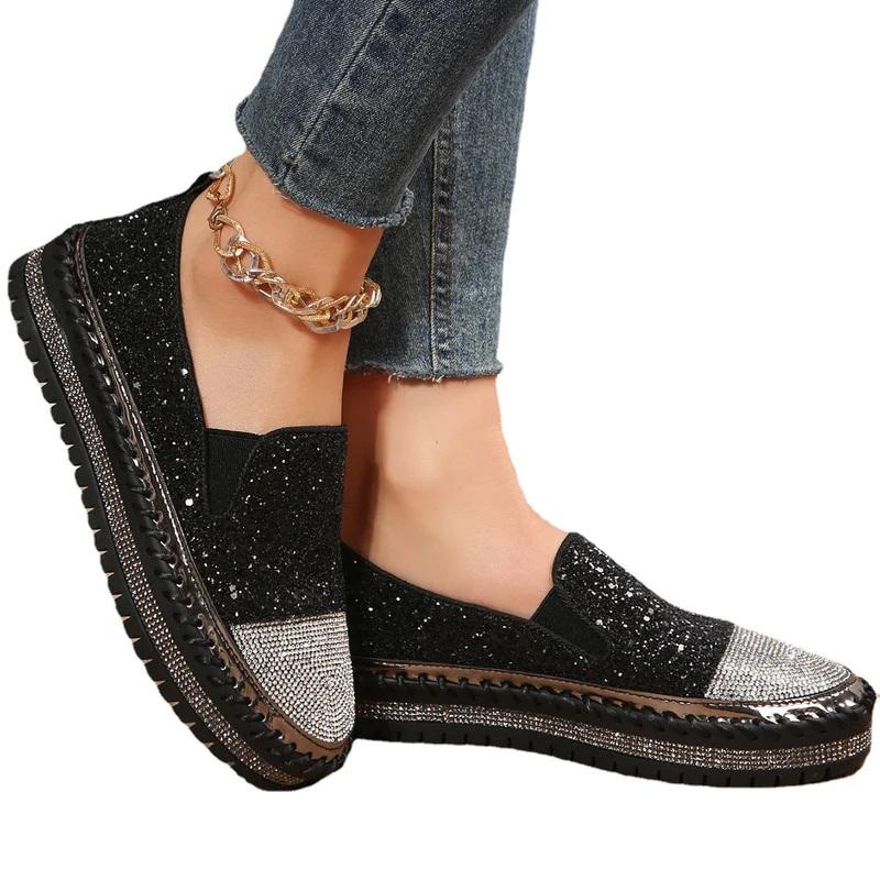 Women 2023 Spring New Loafers Thick Bottom Flat Rhinestone Fashion Women's Shoes