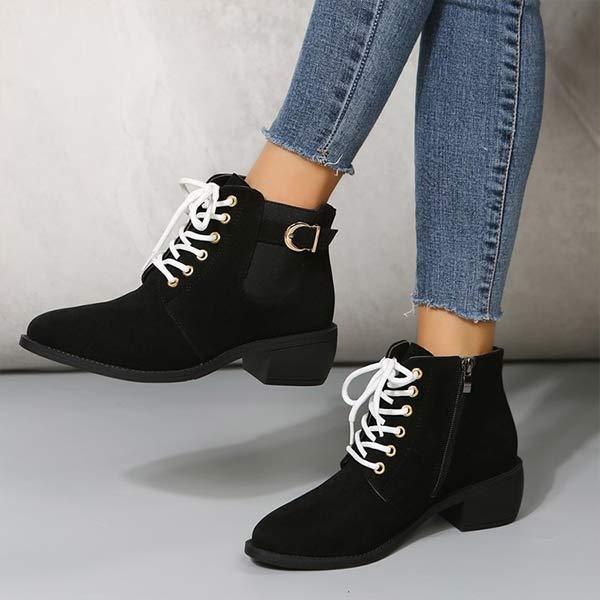 Women's Round-Toe Lace-Up Chunky Heel Short Boots