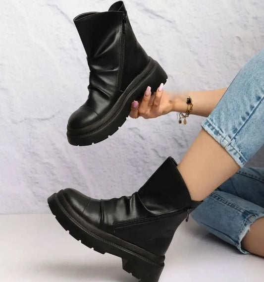 Round Toe Waterproof Patent Leather Side Zip Booties