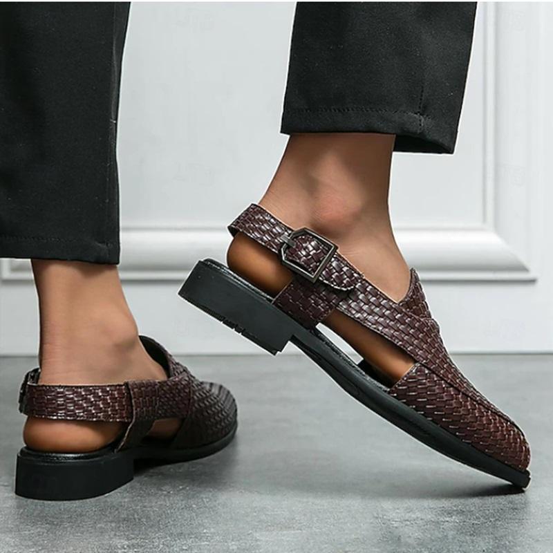 Men's Black Woven Leather Sandals