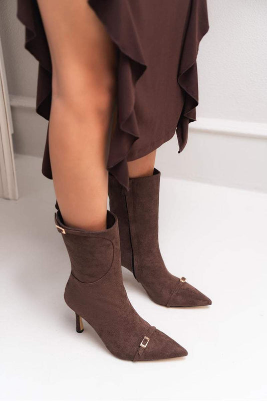 Golden Brown Suede Belt Detail Women's Heel Boots