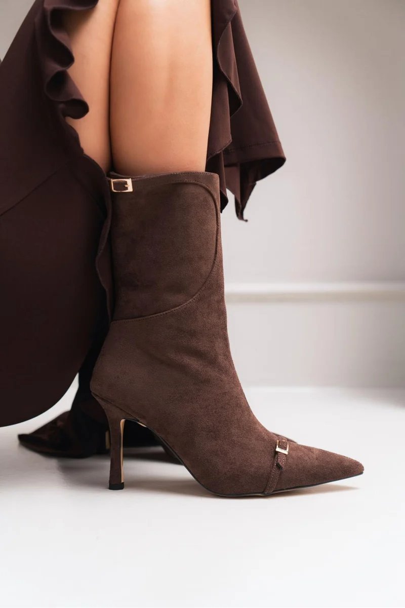 Golden Brown Suede Belt Detail Women's Heel Boots