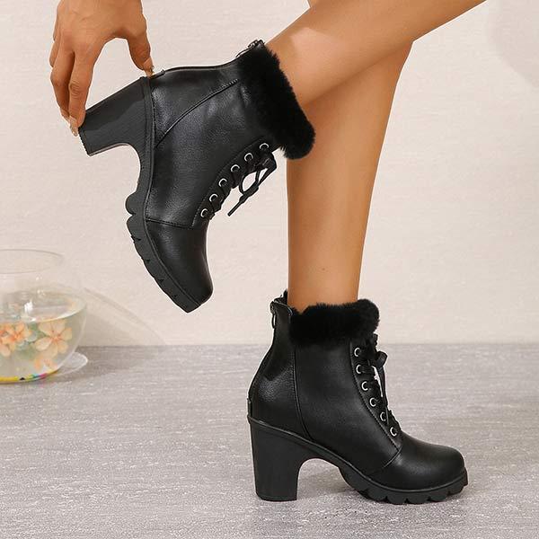 Women's Round-Toe Chunky Heel Lace-Up Faux Fur Ankle Boots