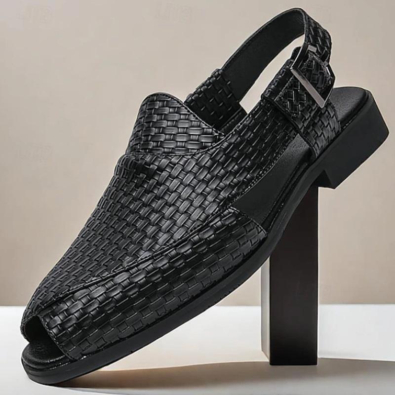 Men's Black Woven Leather Sandals