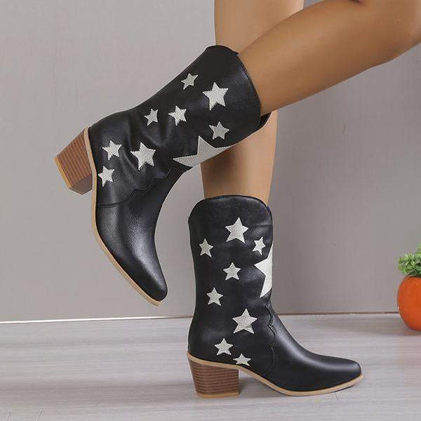 Women's Fashion Casual Star Chunky Heel Mid-calf Boots