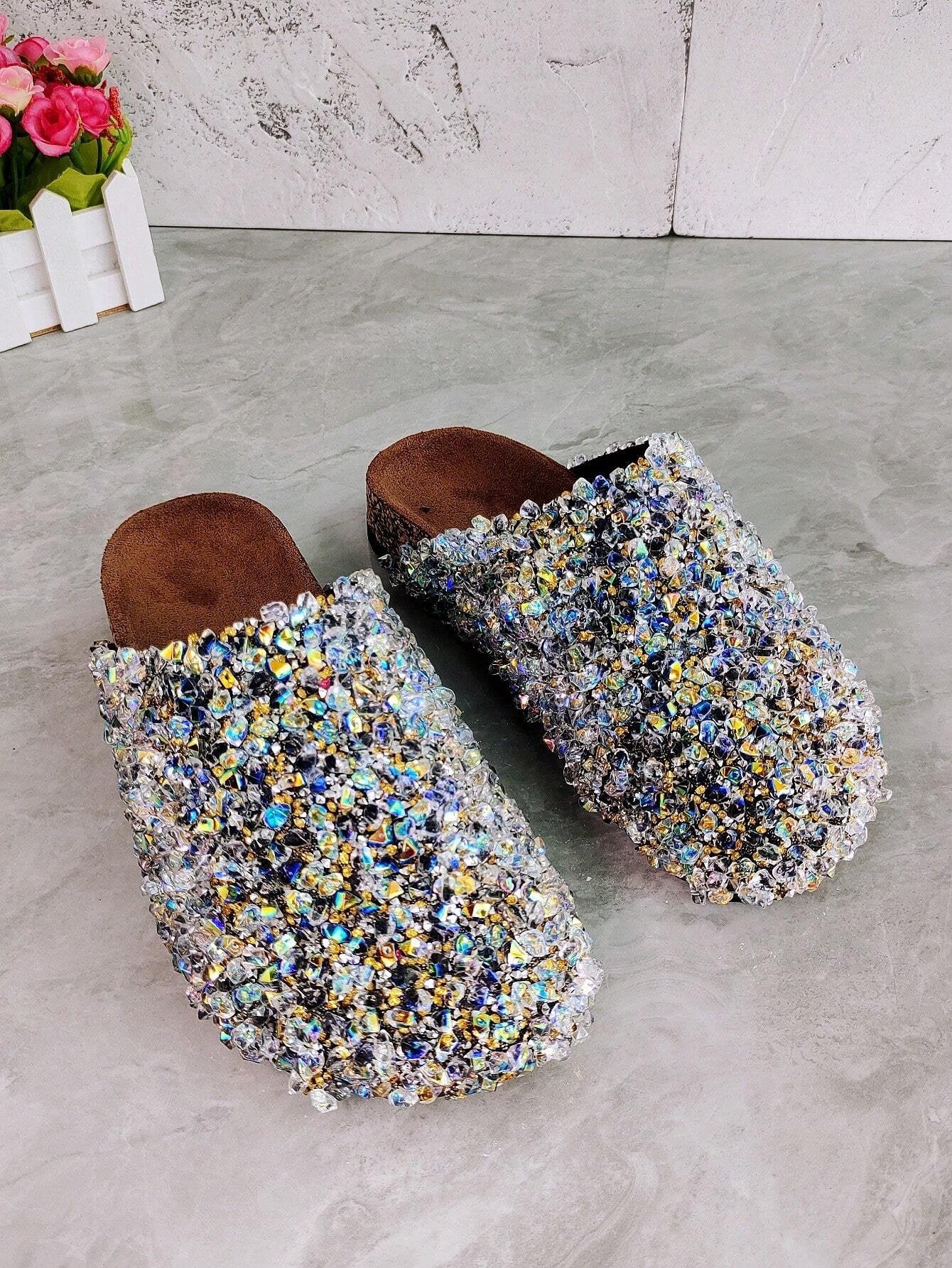 Women's Buckle Mules Slides With Rhinestone And Glitter Detailing