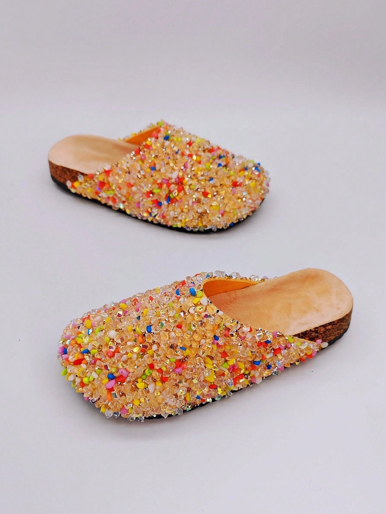 Women's Buckle Mules Slides With Rhinestone And Glitter Detailing