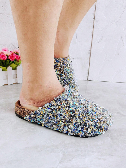 Women's Buckle Mules Slides With Rhinestone And Glitter Detailing