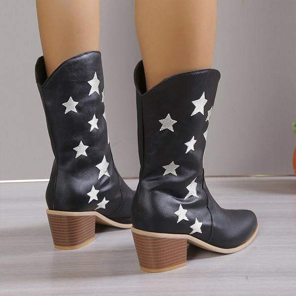 Women's Fashion Casual Star Chunky Heel Mid-calf Boots