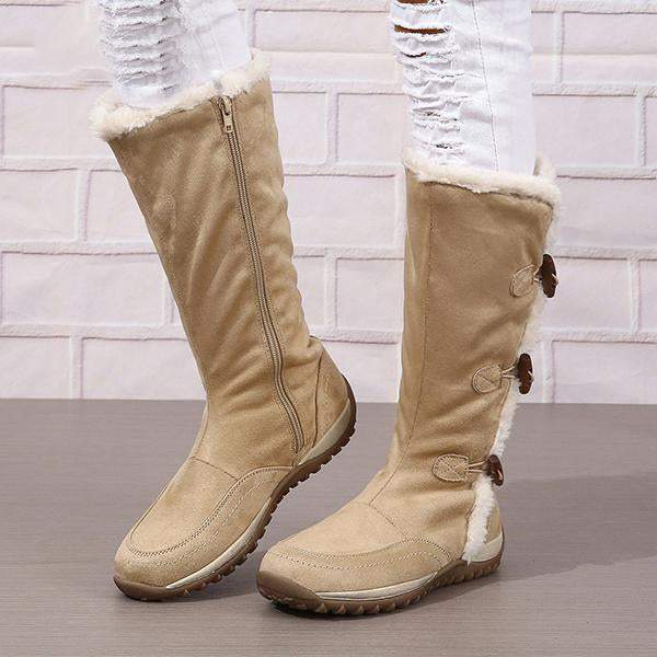 Women's Retro Button Flat Plush Snow Boots