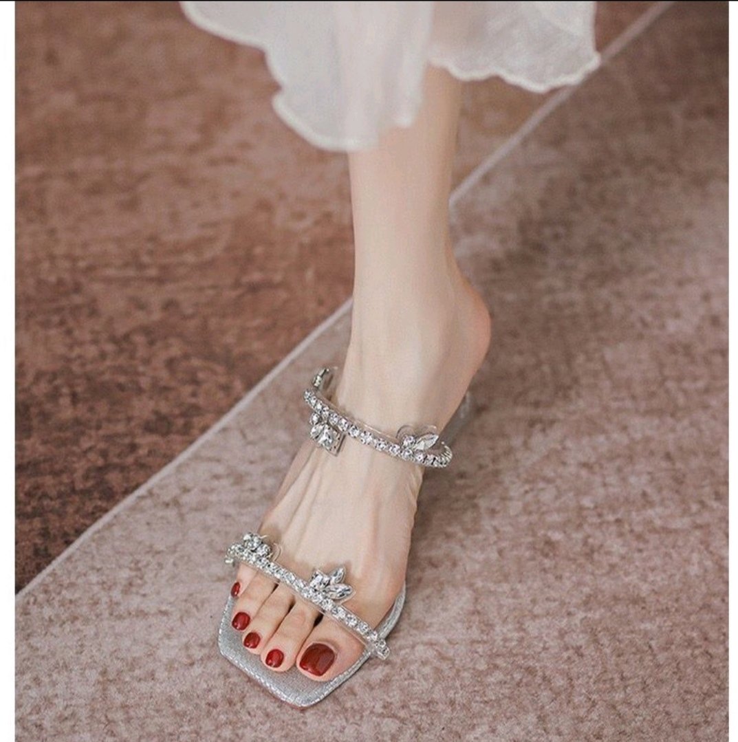 Summer Silver Rhinestone Thick Heeled Sandals