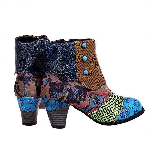 Women'S High Heel Block Heel Print Ankle Boots