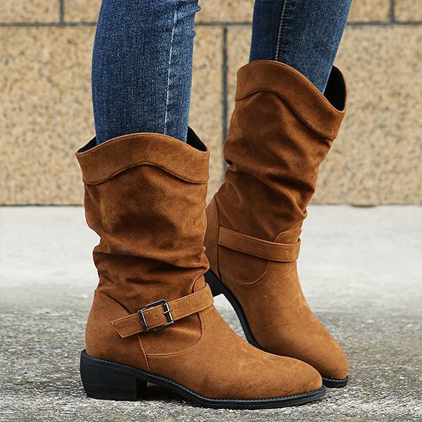 Women's Casual Belt Buckle Suede Chunky Heel Rider Boots