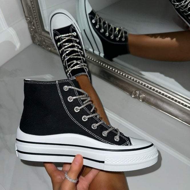 Black Sparkly Lace Canvas High Top Trainers