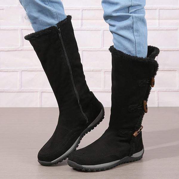 Women's Retro Button Flat Plush Snow Boots