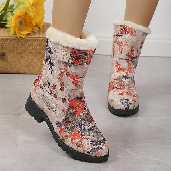 Women's Casual Printed Flat Plush Snow Boots