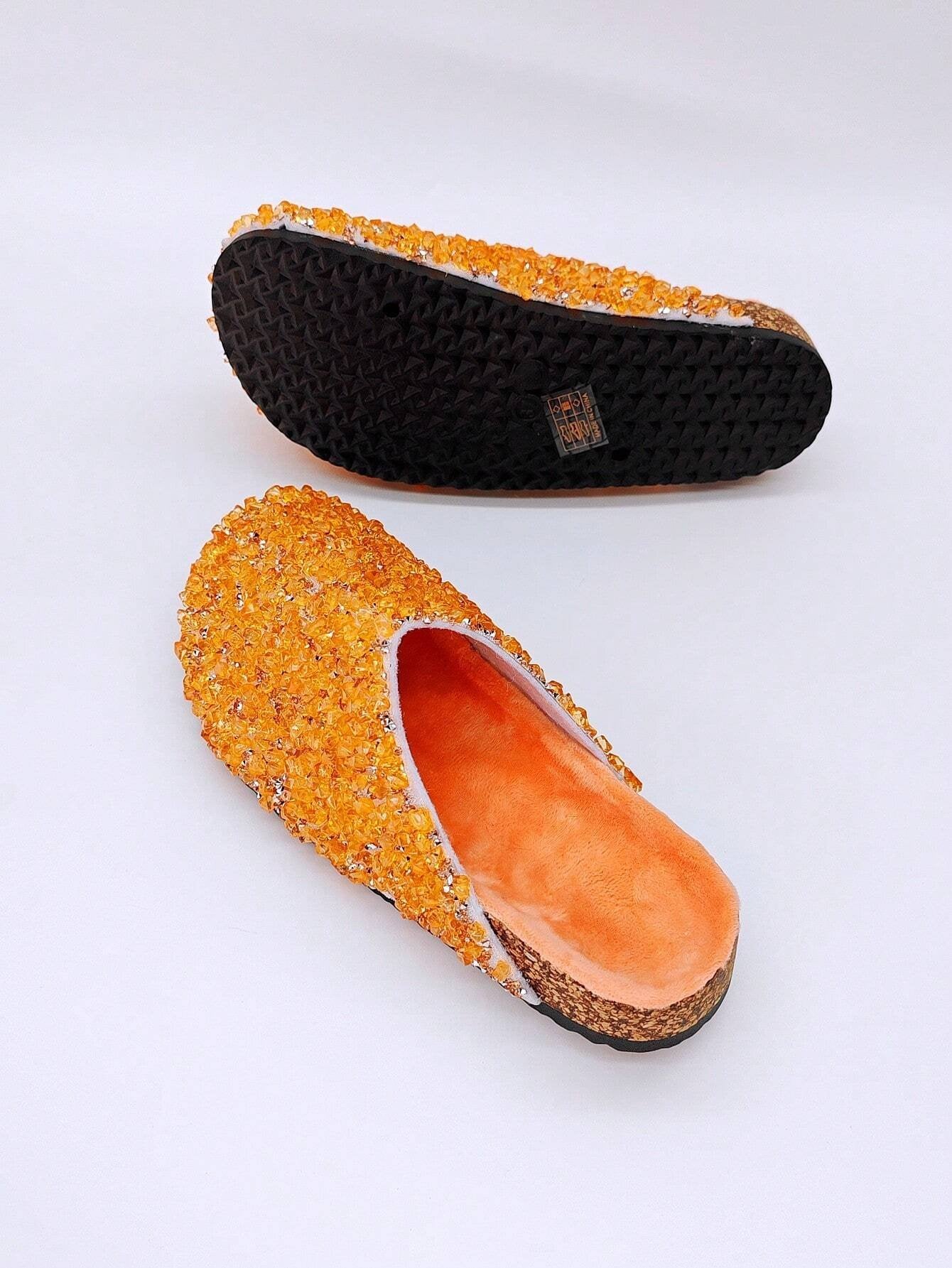 Women's Buckle Mules Slides With Rhinestone And Glitter Detailing