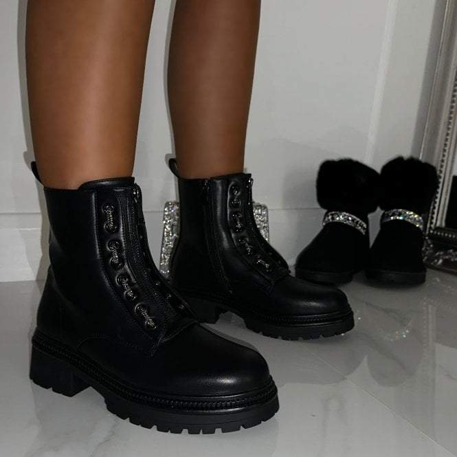 Black Crystal Trim Combat Boots