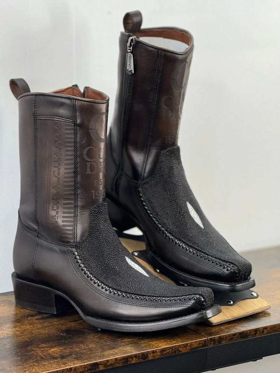 Black Laser-and-Woven Narrow Square-Toe Boots