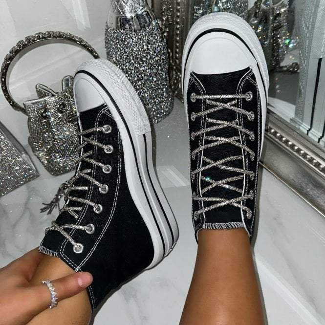 Black Sparkly Lace Canvas High Top Trainers