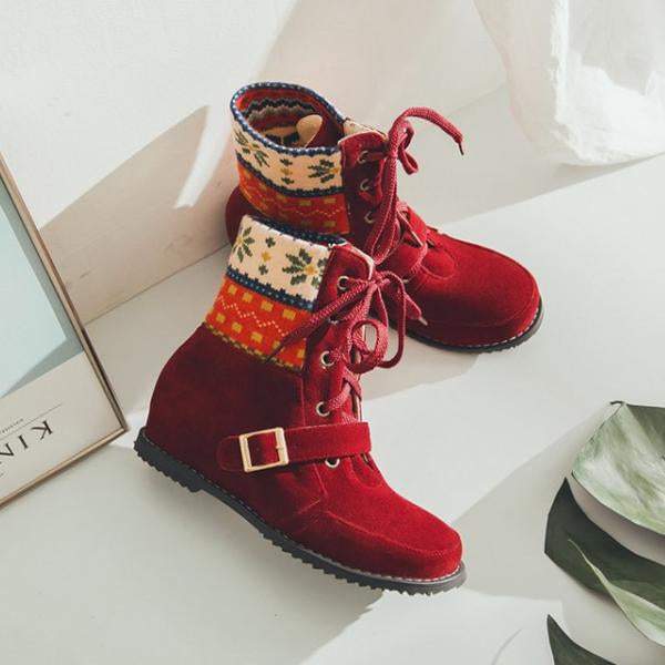 Women's Ethnic Style Belt Buckle Christmas Pattern Short Boots