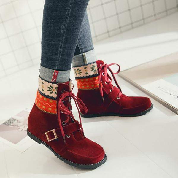 Women's Ethnic Style Belt Buckle Christmas Pattern Short Boots