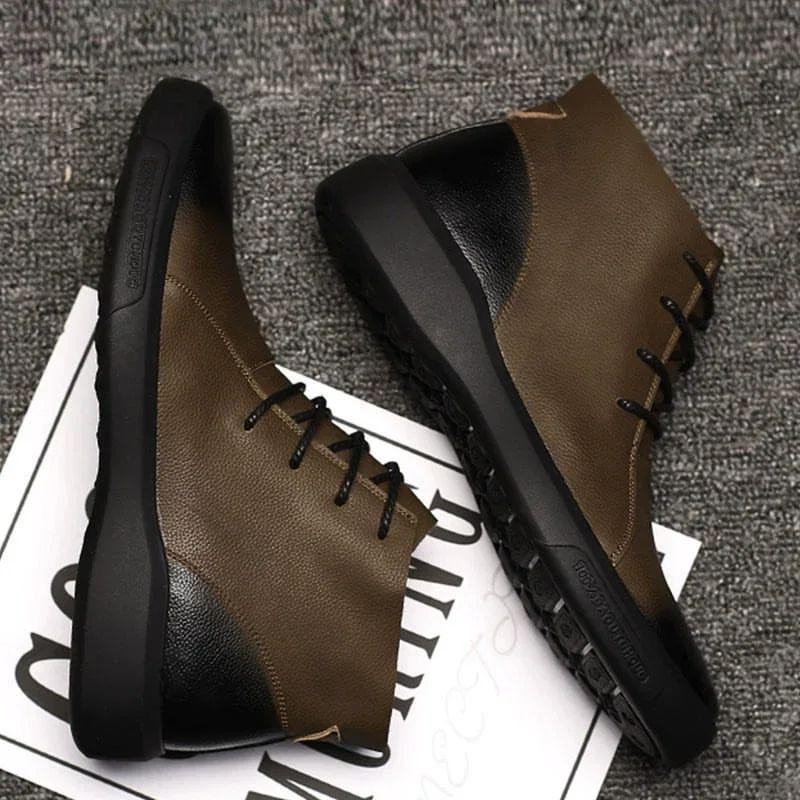 Black Green Lace Up Leather Combination Men Ankle Boots