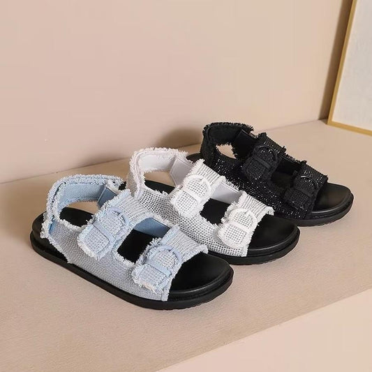 Double-Strap Velcro Rhinestone Sandals