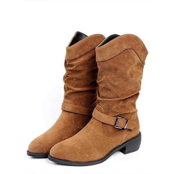 Women's Casual Belt Buckle Suede Chunky Heel Rider Boots