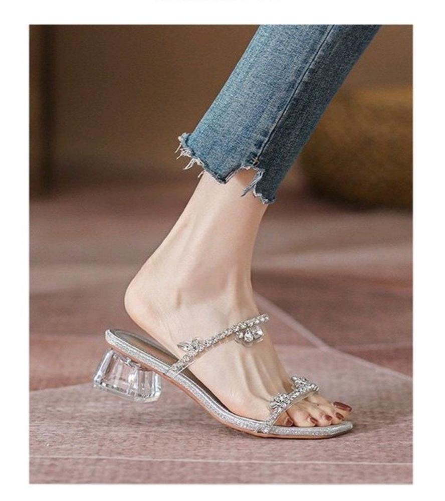 Summer Silver Rhinestone Thick Heeled Sandals