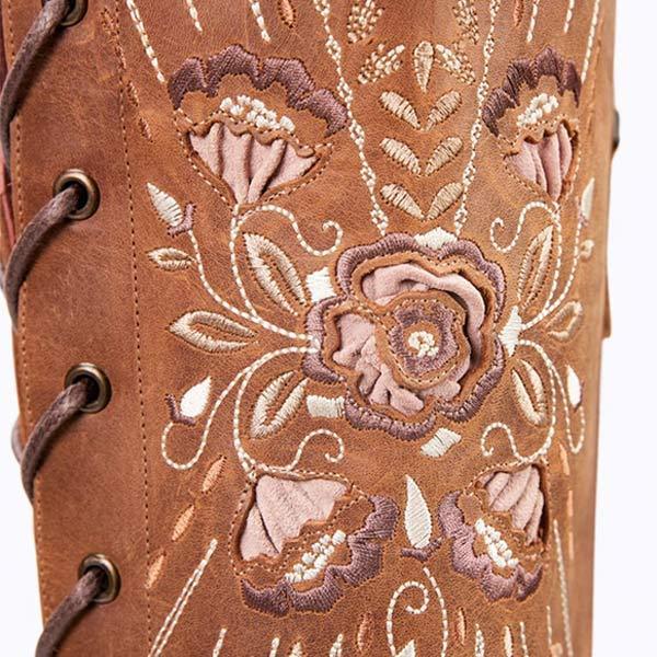 Women'S Side Zip Lace Up Tall Over Embroidery Knee Boots