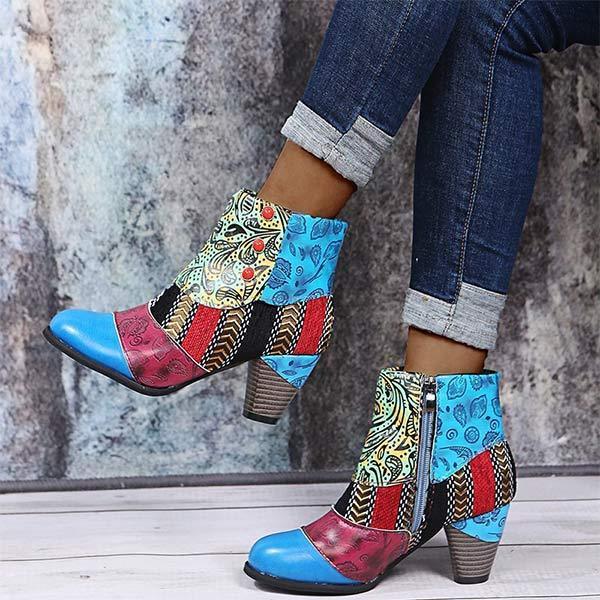 Women'S High Heel Block Heel Print Ankle Boots