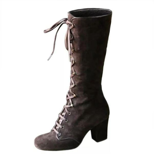 Women'S Square Toe Front Lace Up Chunky Heel Side Zip Boots