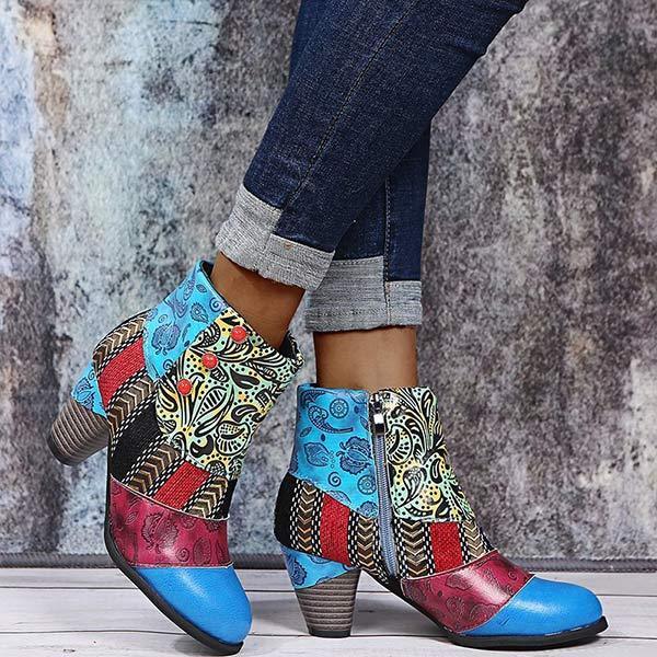 Women'S High Heel Block Heel Print Ankle Boots