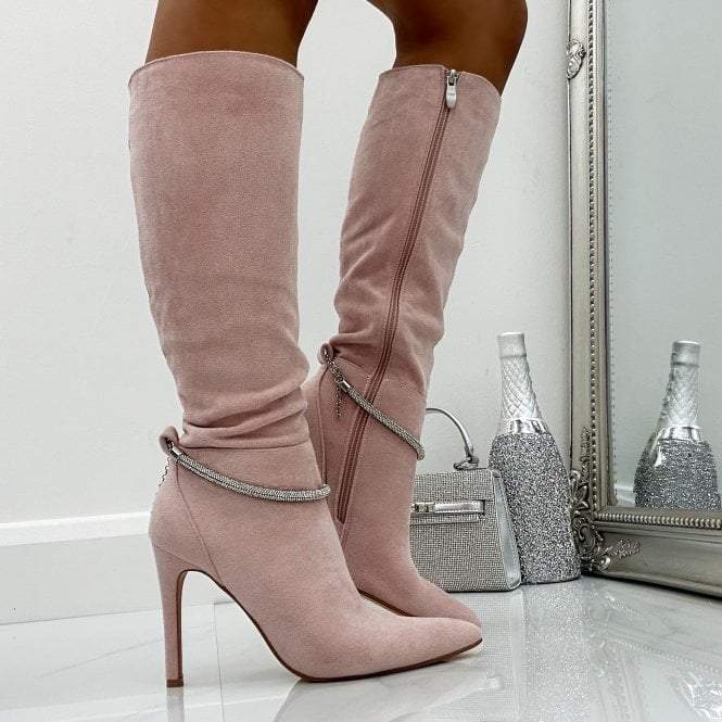 Pink Crystal Suede Knee High-Heel Boots