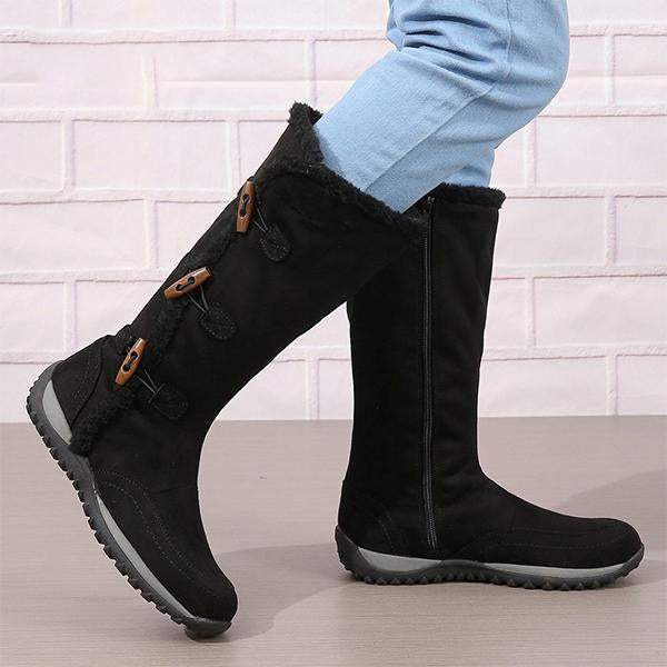 Women's Retro Button Flat Plush Snow Boots