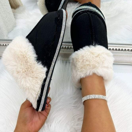 Sparkly Trim Faux Fur Slippers