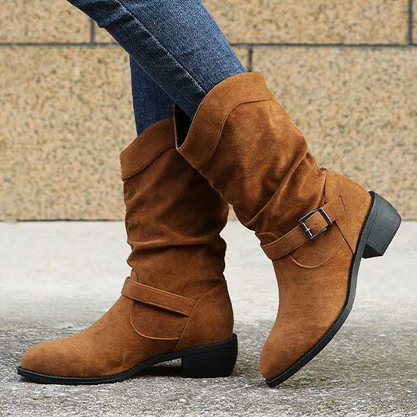 Women's Casual Belt Buckle Suede Chunky Heel Rider Boots