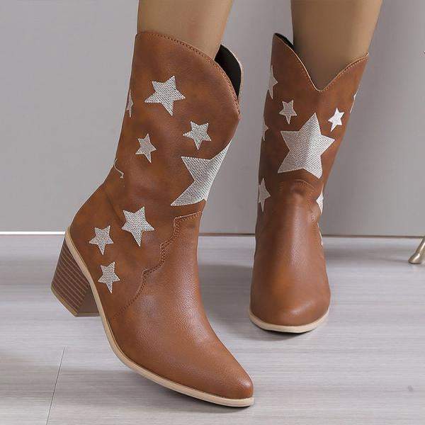 Women's Fashion Casual Star Chunky Heel Mid-calf Boots