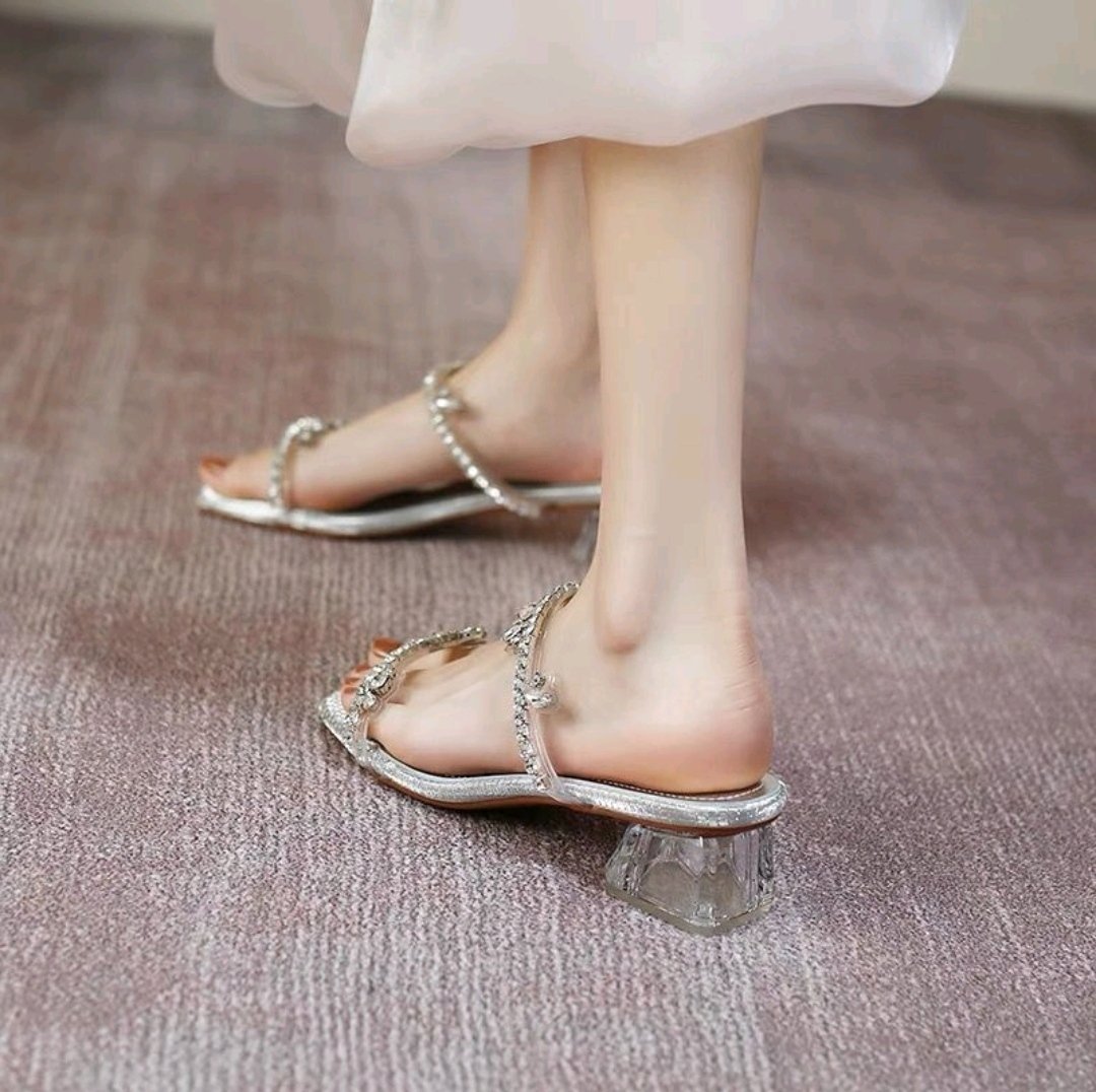 Summer Silver Rhinestone Thick Heeled Sandals