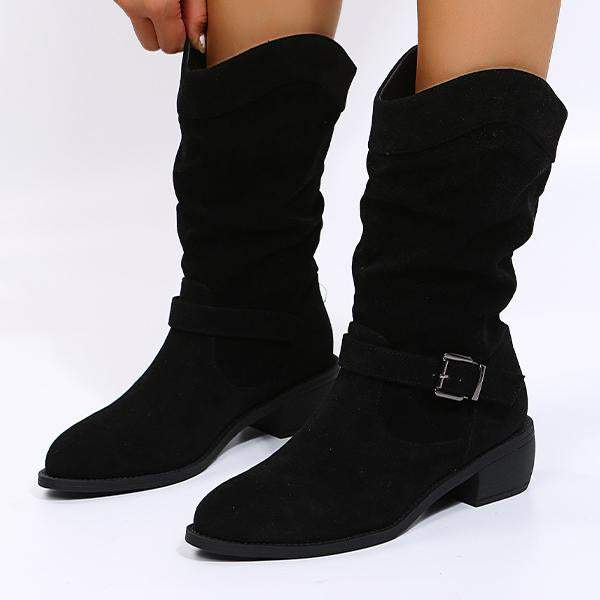 Women's Casual Belt Buckle Suede Chunky Heel Rider Boots