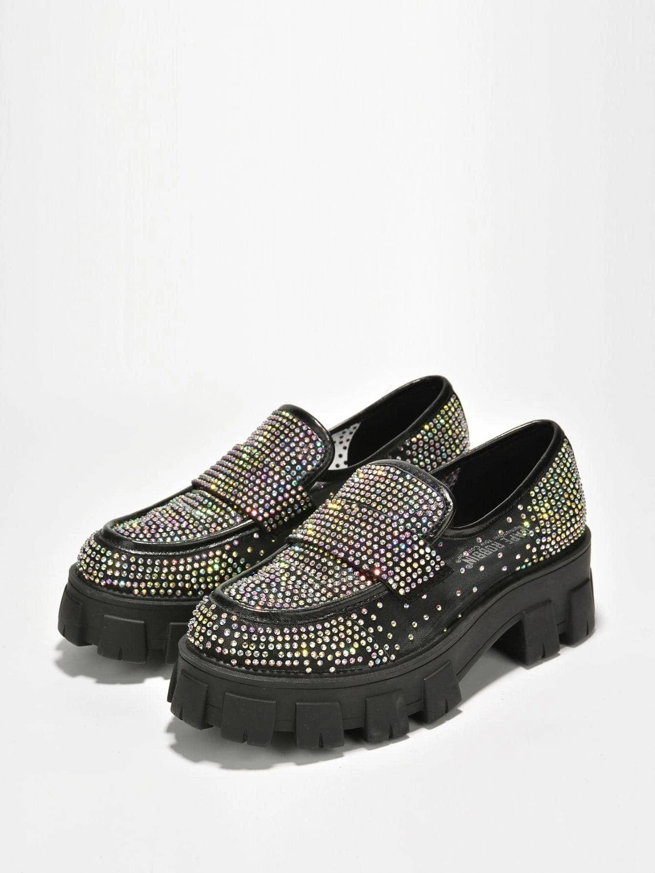 Abbe Round Toe Mesh Rhinestone Lug Flats