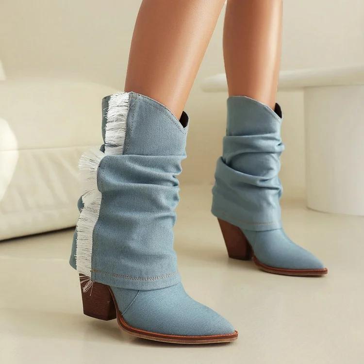Casual Plain Denim Autumn Cowboy Boots