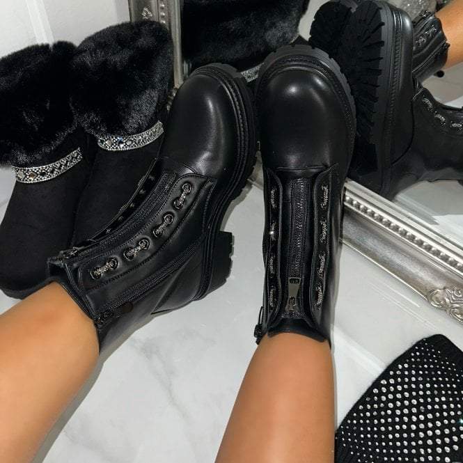 Black Crystal Trim Combat Boots